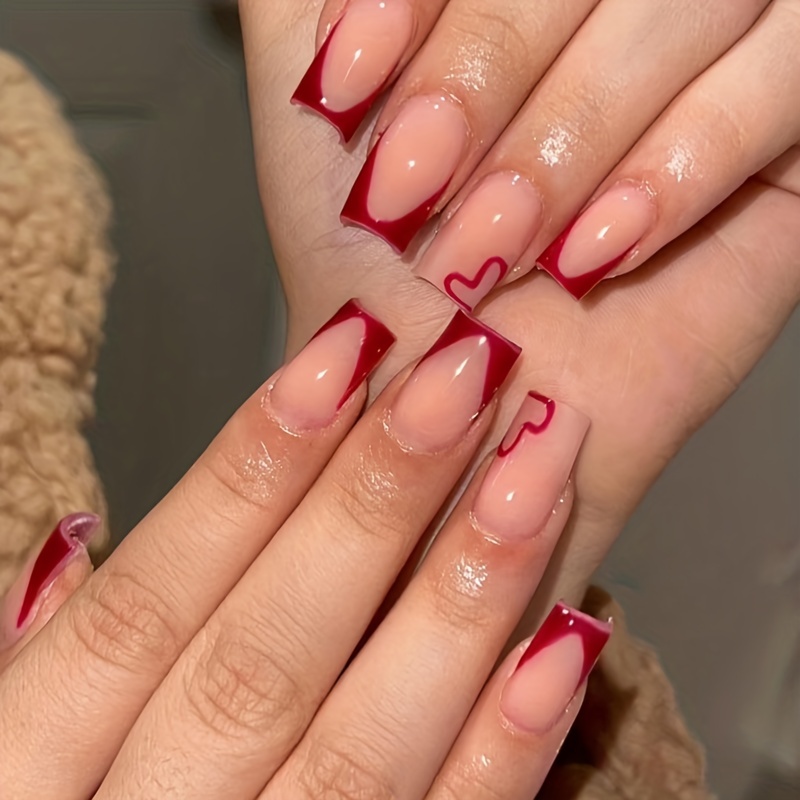 French Tip Coffin Press Nails Long Valentine's Day Heart - Temu