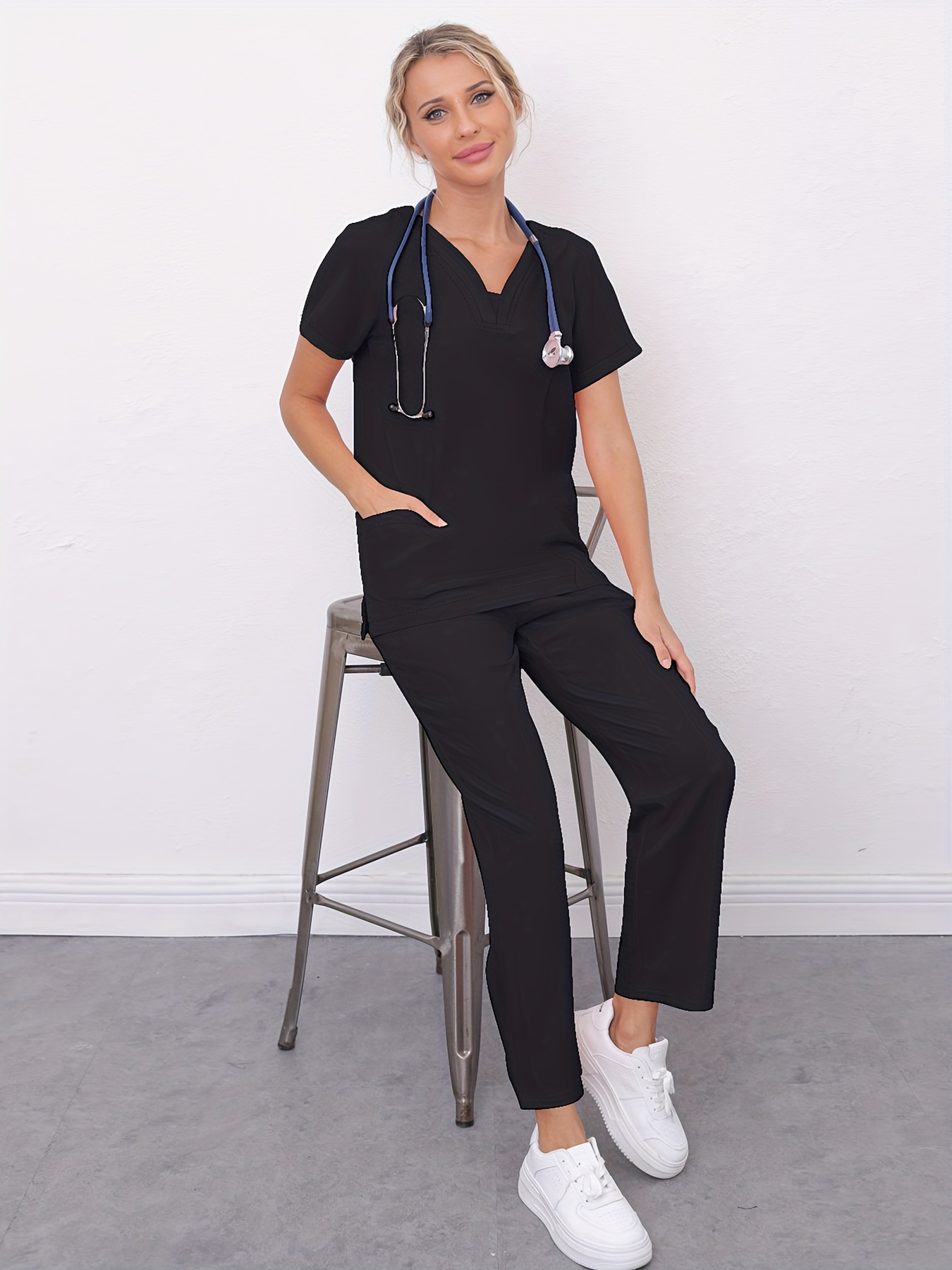  Scrubs For Women Set Jogger Pants Solid Color V Neck Short  Sleeve Nurse Working Uniform 2 Piece Medical Scrub Tops And Pants Nurse  Scrubs For Women Set (Black,S) : Clothing, Shoes