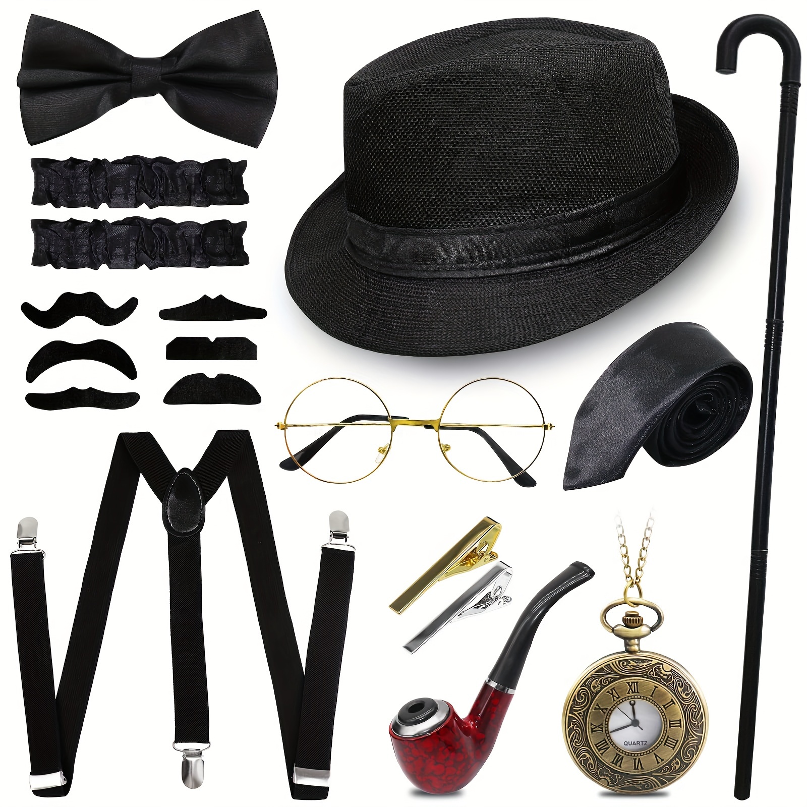 Kit d'accessoires de costume de gangster Gatsby Homme des années 1920 -  Chapeau Fedora des années 20, bretelles, montre de poche rétro, nœud  papillon, fausses barbes, pipe à tabac