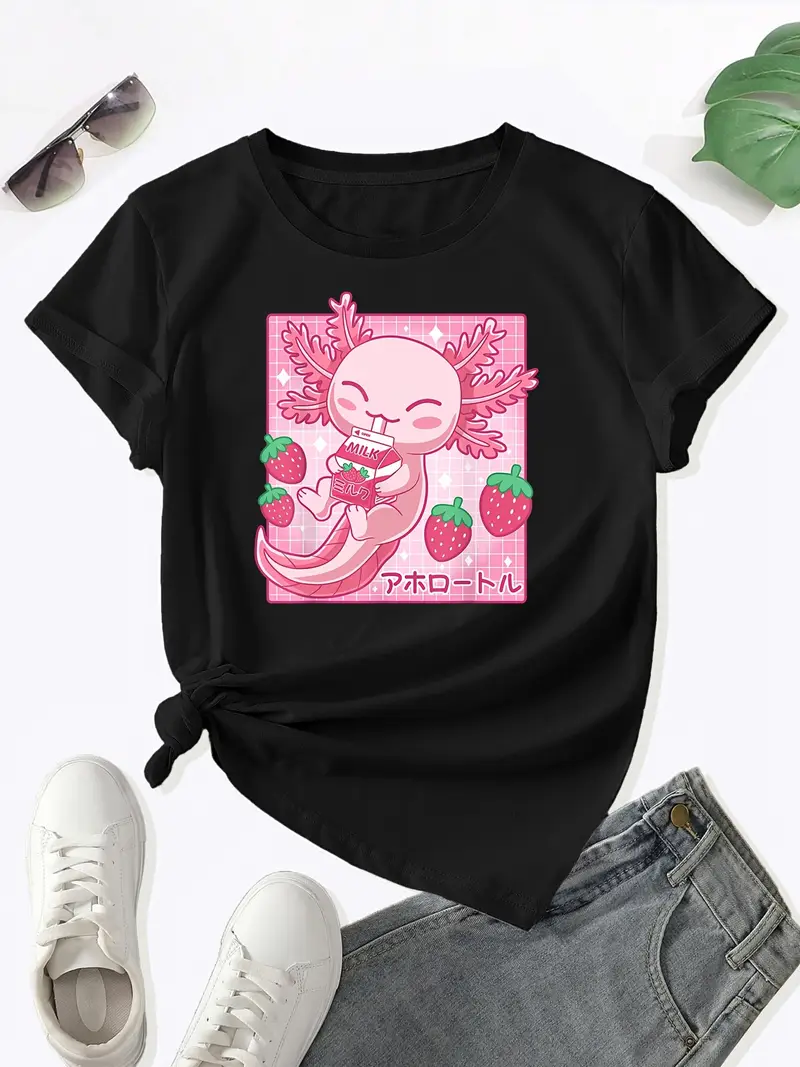 Camiseta de gola redonda com estampa de desenho animado Axolotl, camiseta  de manga curta Kawaii para primavera e verão, roupas femininas - Temu  Portugal