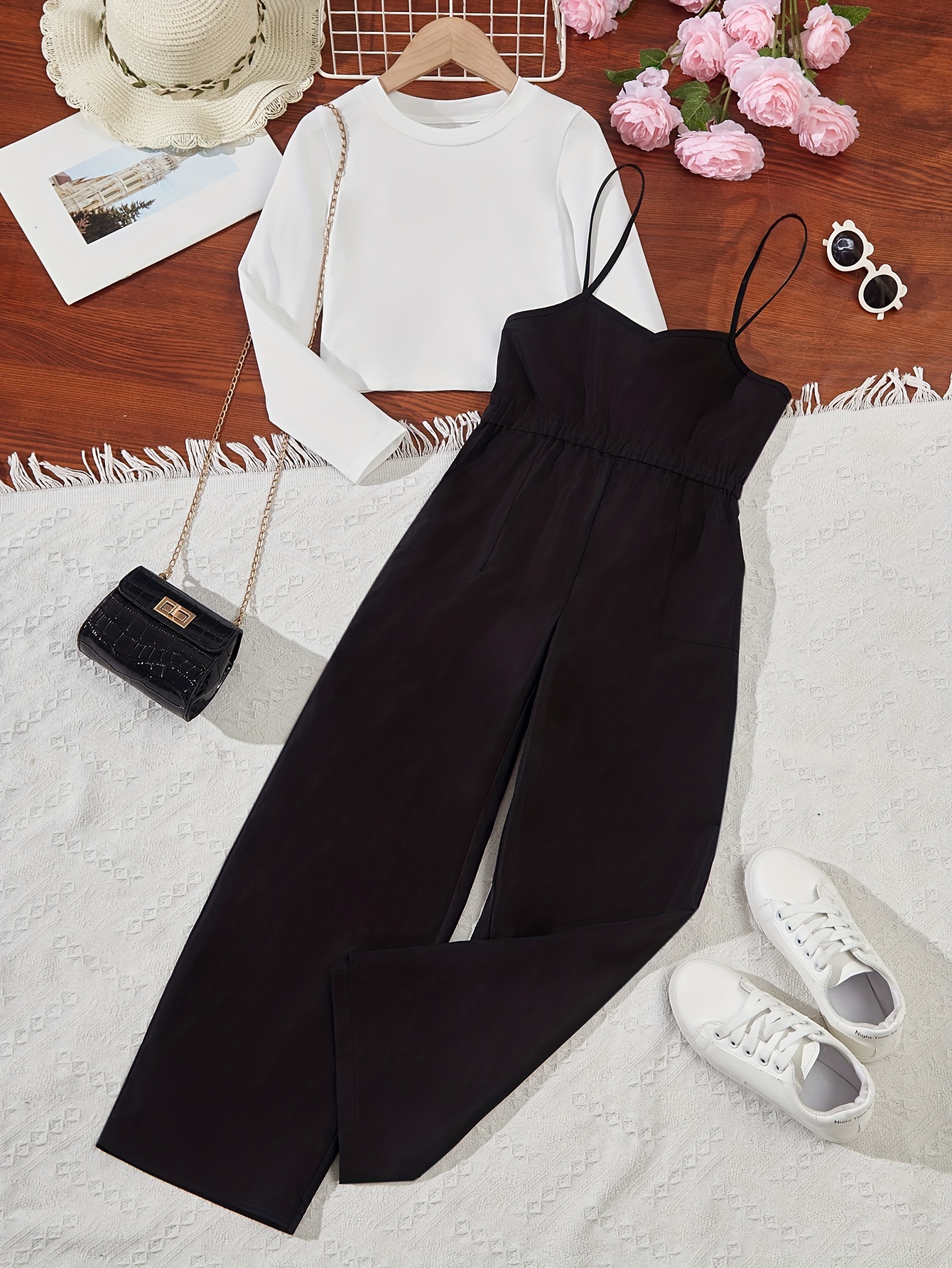 Solid Long Sleeve Pullover + Cami Jumpsuit Set Comfy Outfits - Temu