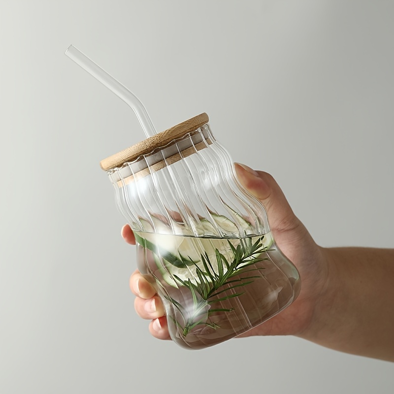 Drinking Glasses with Bamboo Lids and Glass Straw - 18.6 Oz Can