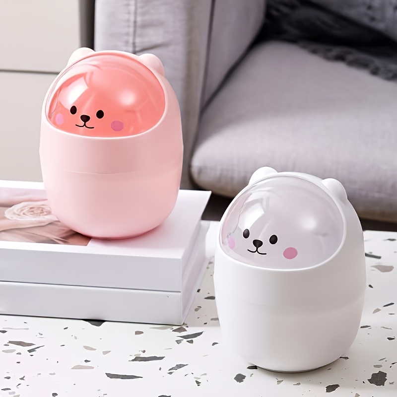 1pc Pink Mini Bear Shaped Desktop Trash Can With Lid, For Bedroom