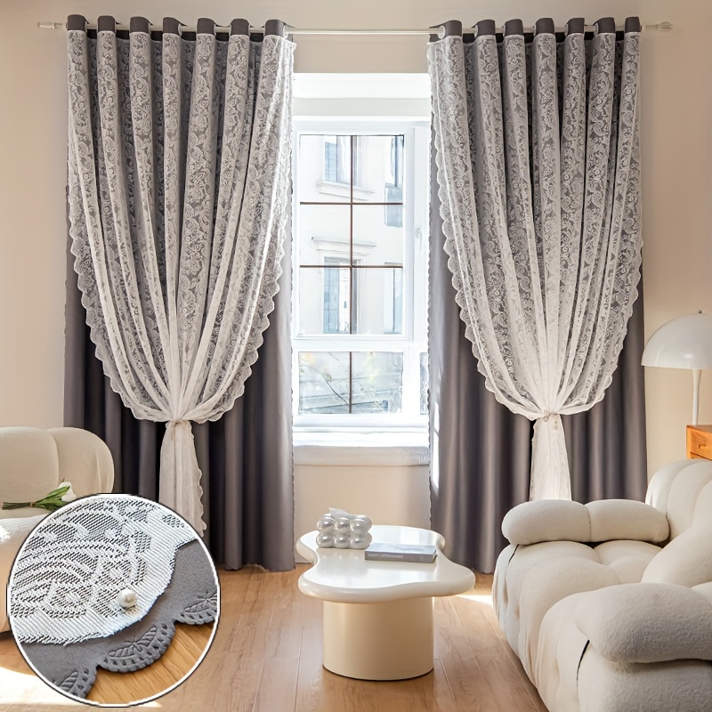 Cortinas opacas de 1 panel con gasa transparente blanca de doble capa,  cortinas mixtas y combinadas, cortinas con ojales para dormitorio, gris