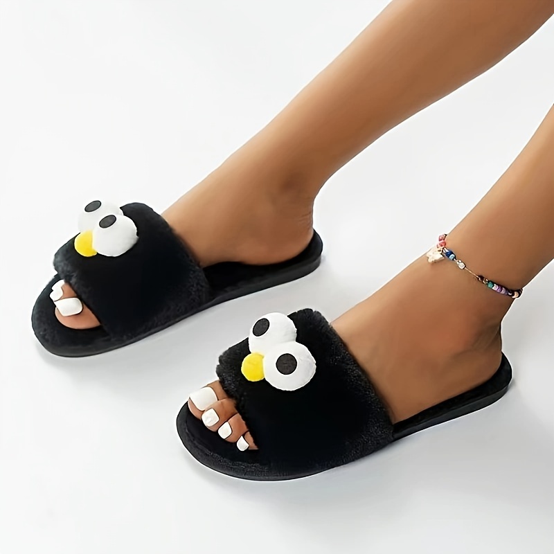 

Women's Cute Big-eyed Cartoon Slippers, Open Toe Plush Flat House Shoes, Comfy Home Floor Slippers