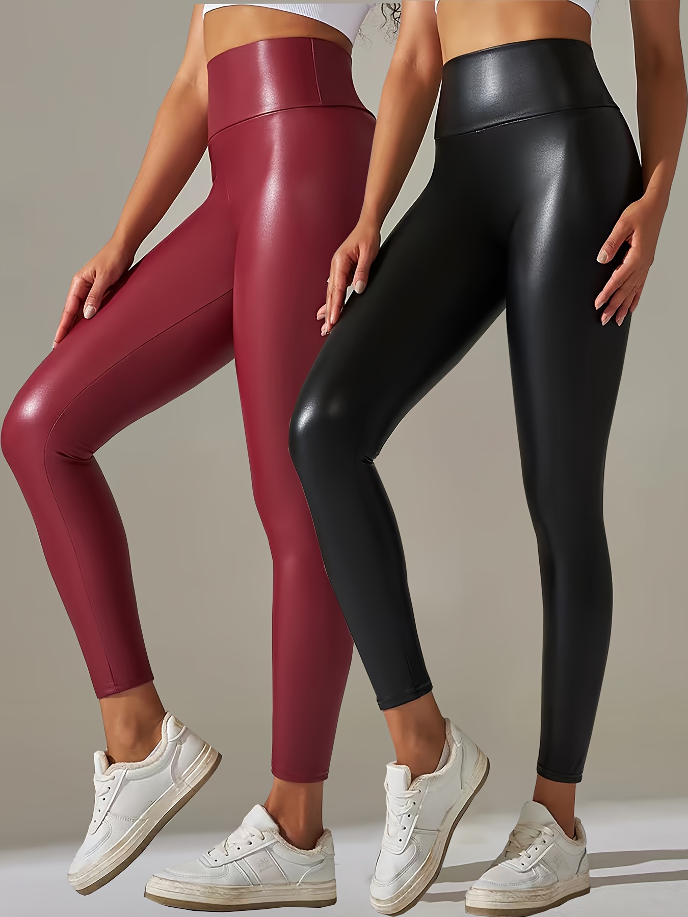 Pu Leather Fashion Yoga Pants Slim Fit High Stretch Solid - Temu Canada