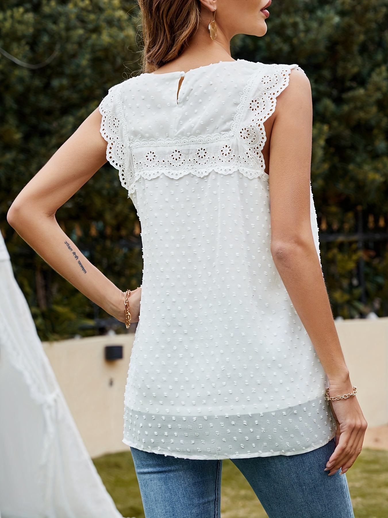 Lace Ruched Tank Top Crew Neck Sleeveless Summer Top
