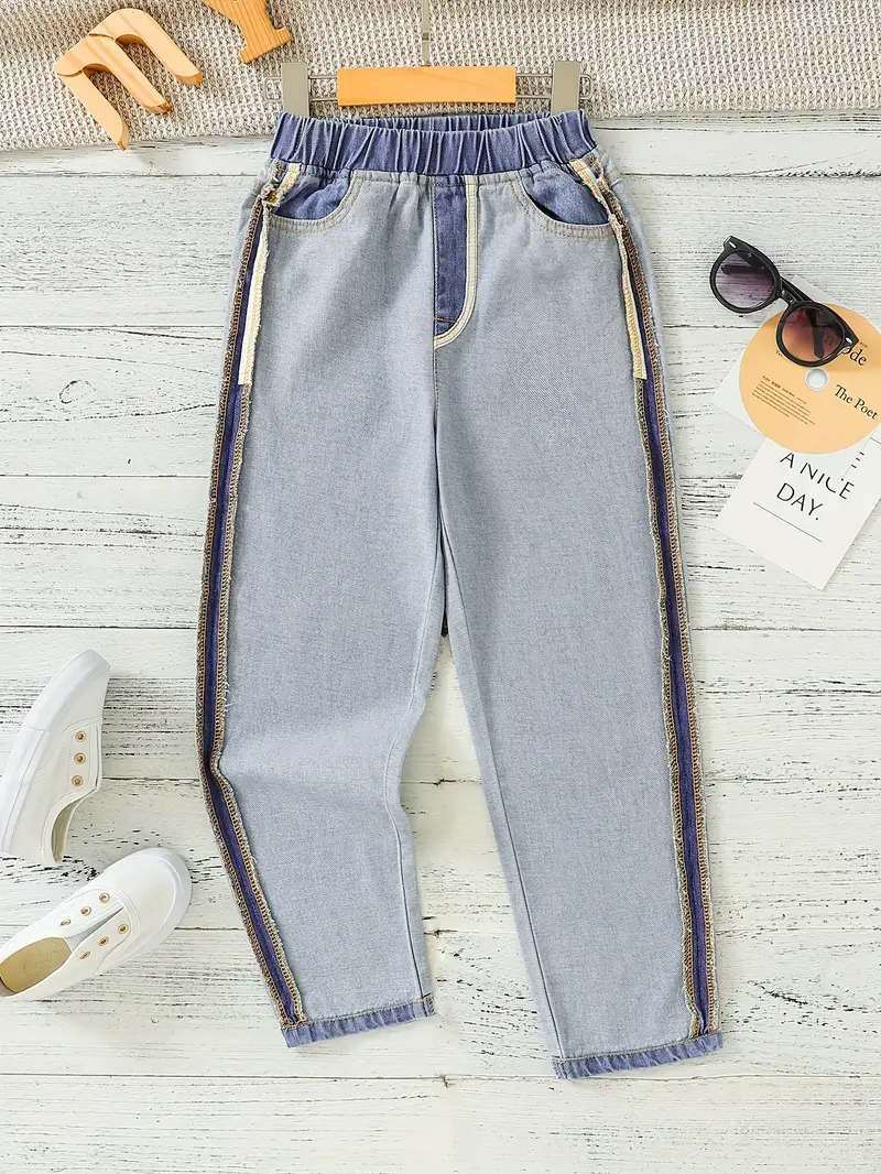 Girls Trend Design Jeans Elastic Waist Denim Pants Winter/ - Temu  Philippines