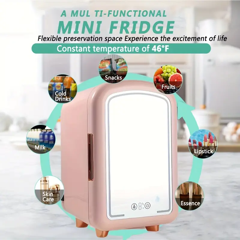 portable mirrored personal fridge 7 liter dc12v mini beauty refrigerator skin care makeup storage beauty serums and face masks small for desktop or travel cold cosmetic application pink details 2