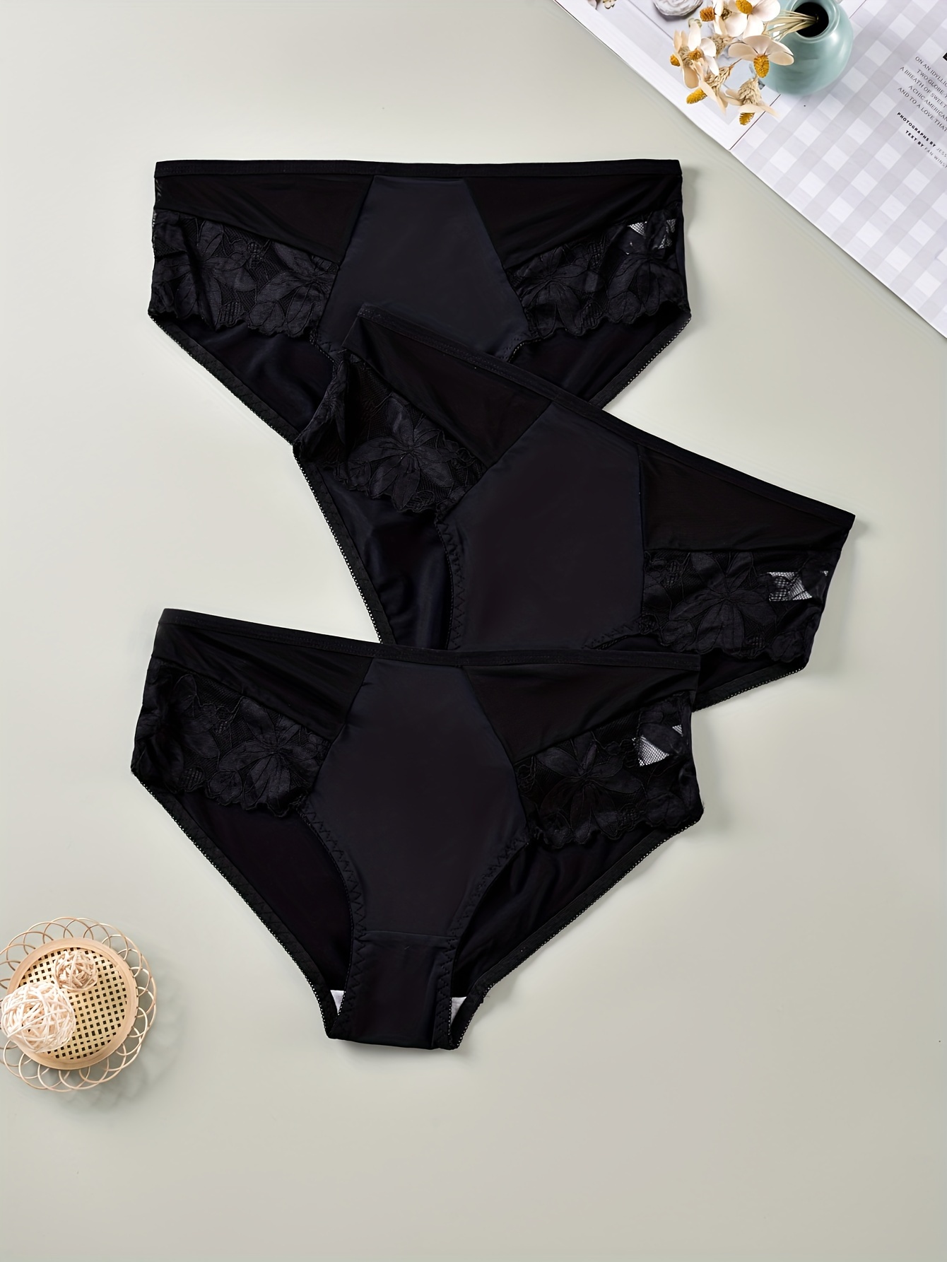 3 Pack Plus Size Cute Underwear Set, Women's Plus Butterfly & Heart Print  Contrast Lace Tanga Panty Three Piece Set