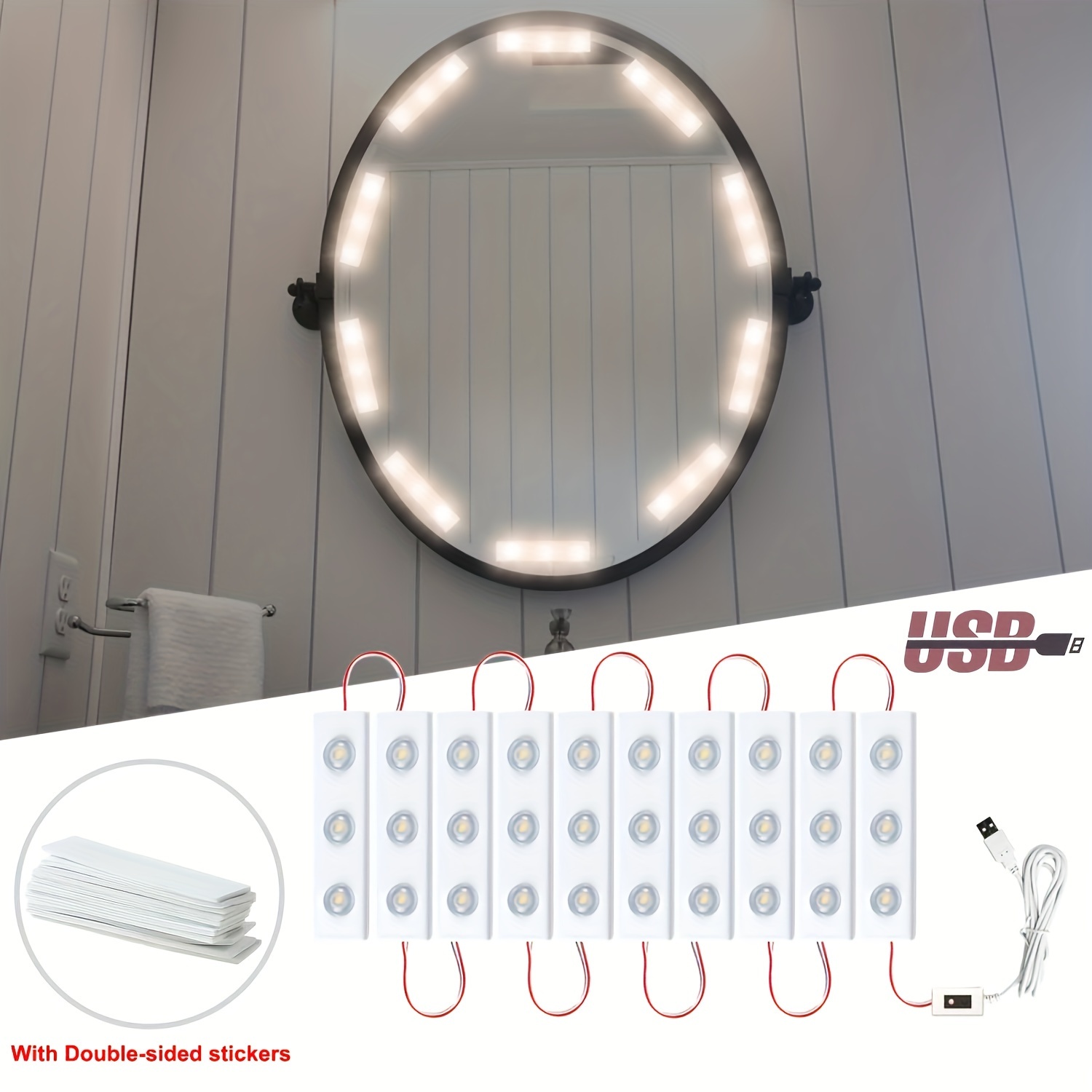 Ampoules LED pour miroir de maquillage, lampes USB 12V pour coiffeuse de  salle de bain, éclairage à intensité variable pour miroir