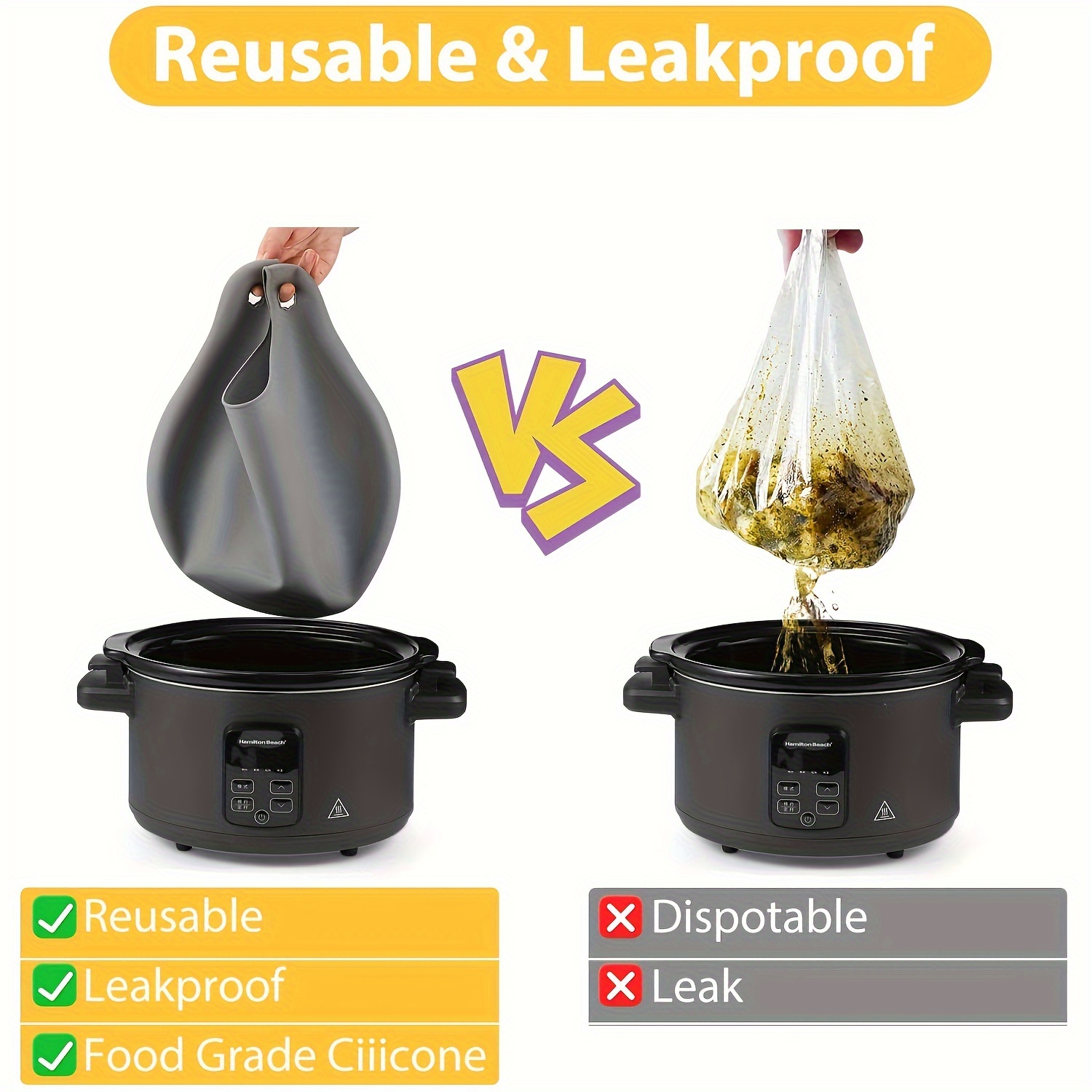 Leakproof Reusable Silicone Slow Cooker Liners for 6-8 Quart Crock-Pots -  Dishwasher Safe Cooking Bags for Oval or Round 7-8QT CrockPots - Save Time  and Effort with Easy Cleanup-Black