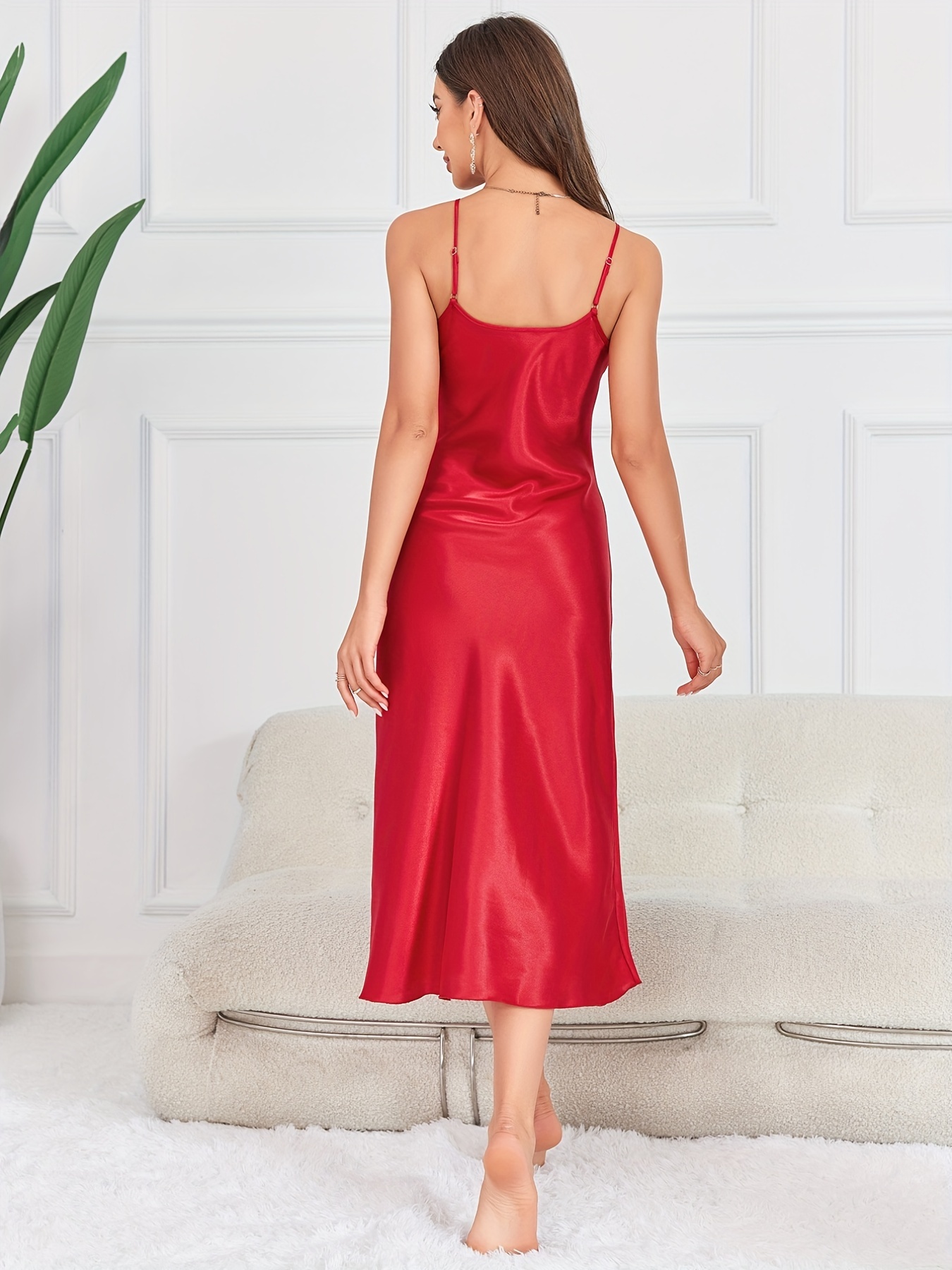 Oversize Silk Nightgown Long Satin Slip Dress Nightdress Spaghetti Strap  Silky Chemise Nightie V Neck Nightwear For Women-white