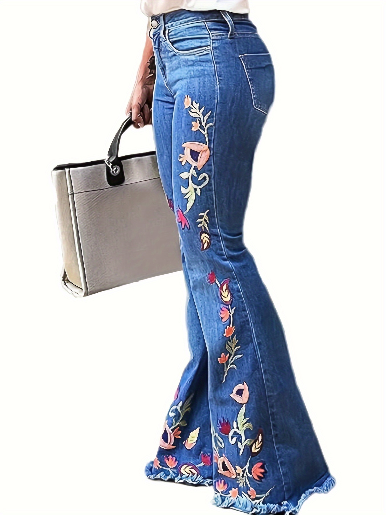 Floral Embroidery Stretchy Flare Leg Jeans, Medium Washed Blue Elegant Bell  Bottoms Denim Pants, Women's Denim Jeans & Clothing