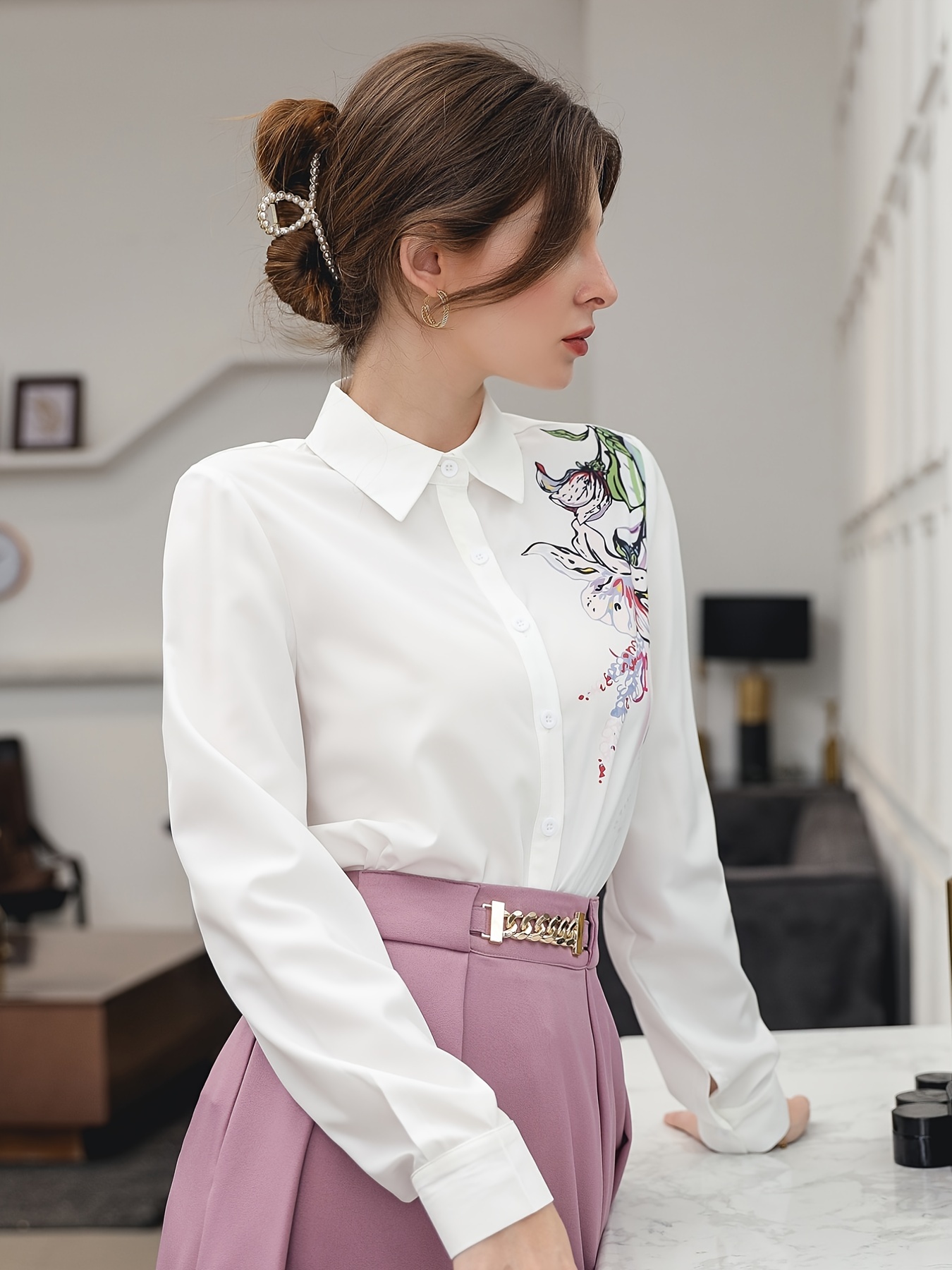 Women Floral Printed Blouse Button Shirt Embroidered Puff Sleeve Tops Lapel