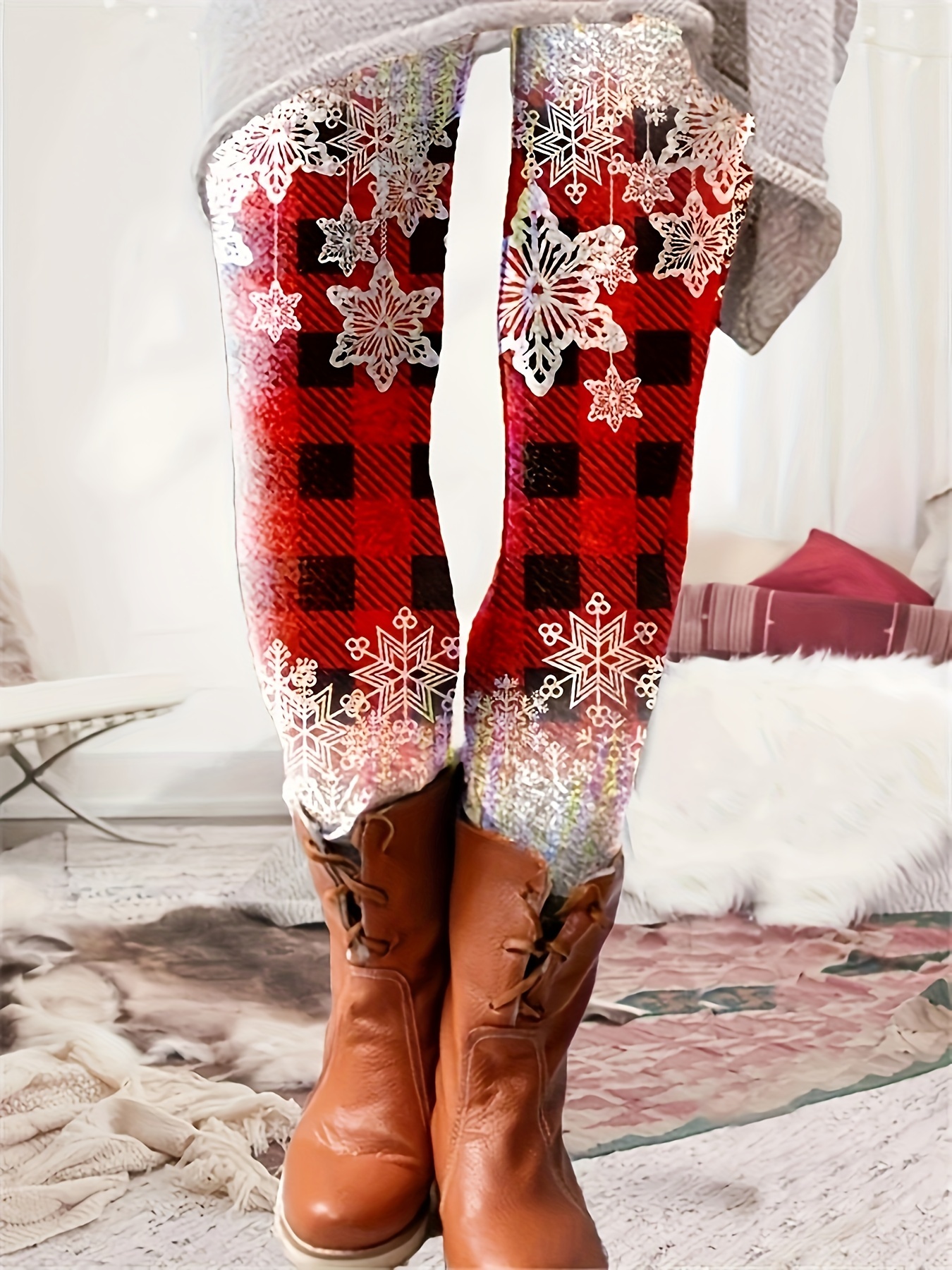 Christmas Snowflake Print Leggings Casual Skinny Long Length - Temu Canada