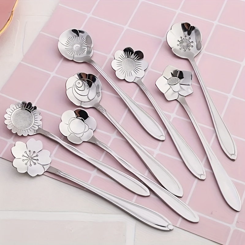 8pcs cute flower spoon set perfect for tea coffee ice cream and desserts stainless steel with golden and silver finish kitchen props for a chic and elegant dining experience 1