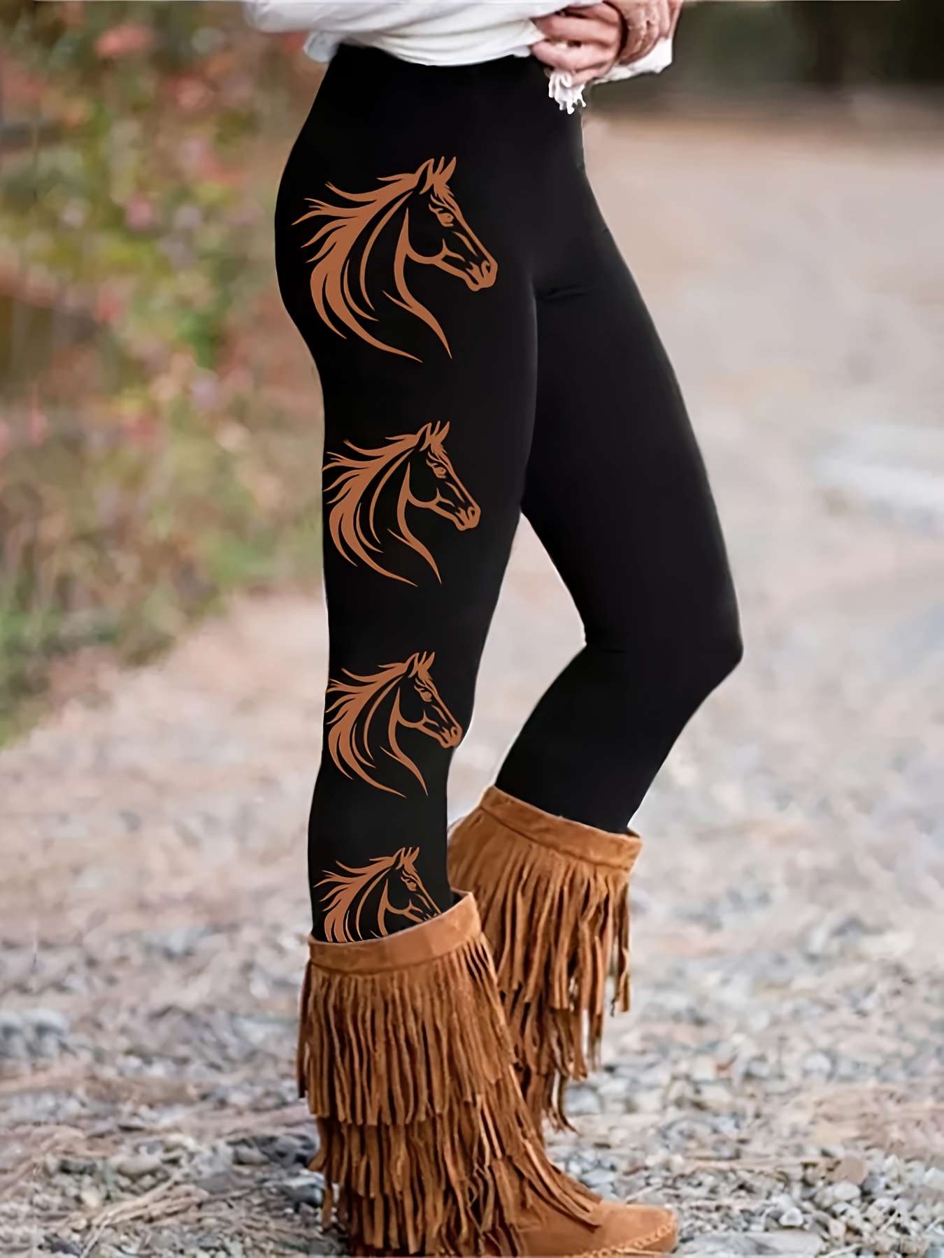 Horse Print Skinny Leggings, Casual Elastic Waist Stretchy Leggings,  Women's Clothing