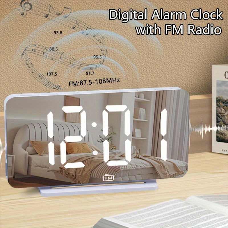 Reloj despertador digital de madera, radio FM con carga inalámbrica,  atenuador de brillo ajustable y volumen de alarma, puerto de carga USB, 2  modos