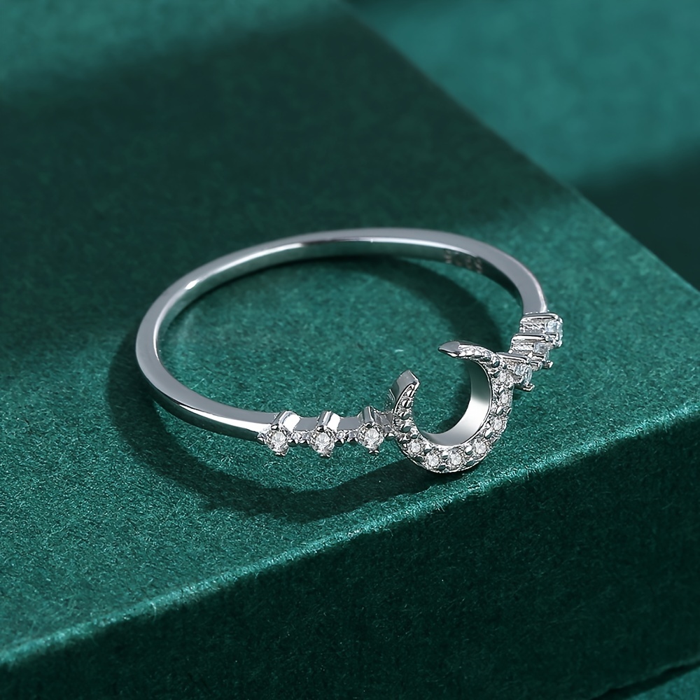 Crescent Moon Ring Inlaid Zircon, 925 Sterling Silver