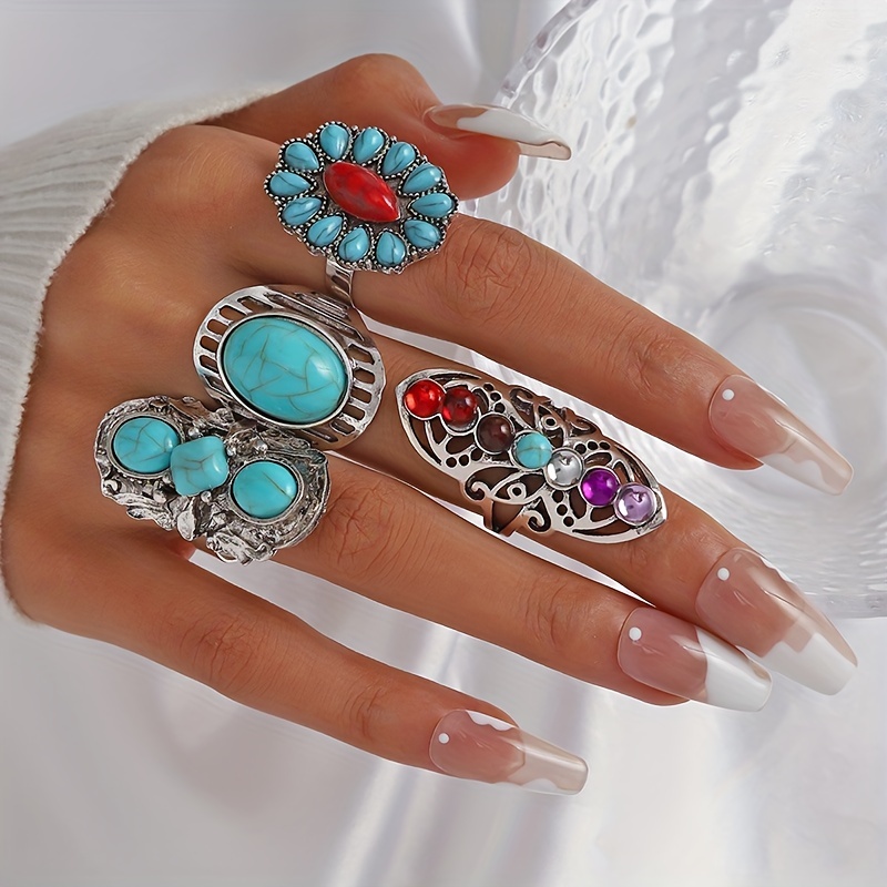 

4pcs Boho Style Stacking Rings Inlaid Turquoise Exaggerated Design Stunning Party Accessories Knuckle Ring