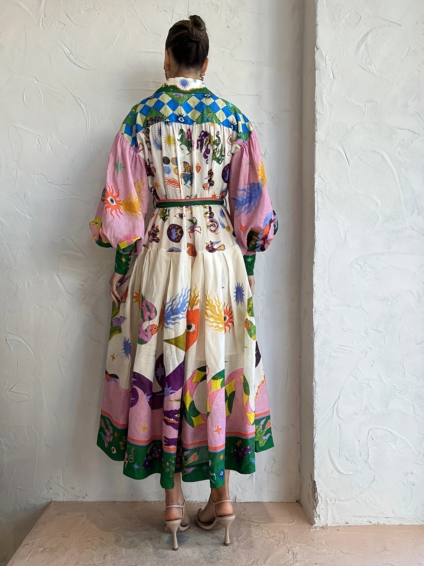 Abstract Print Maxi Dress, Vintage Long Sleeve High Waist Dress, Women's Clothing