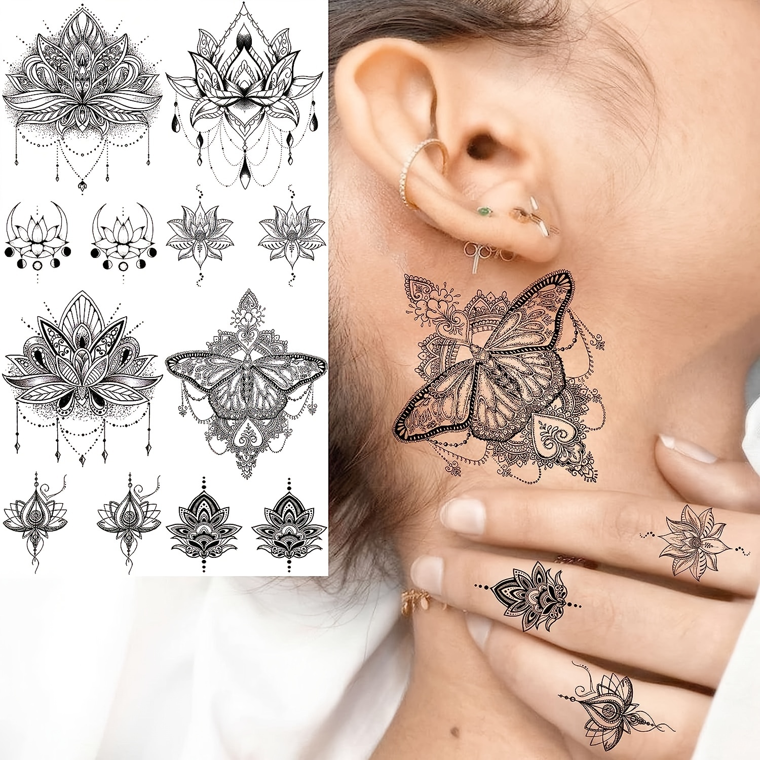 Sexy Black Henna Lotus Temporary Tattoos Women - Temu