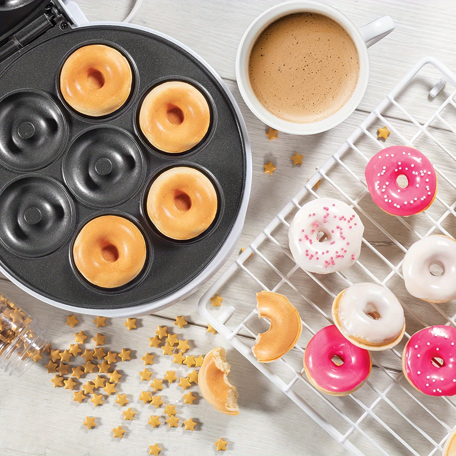 Mini 700W Donut Maker Machine For Kid-Friendly Breakfast, Snacks, Desserts  & More With Non-stick Surface, Makes 7 Doughnuts, Donut Print Pink Blue Red