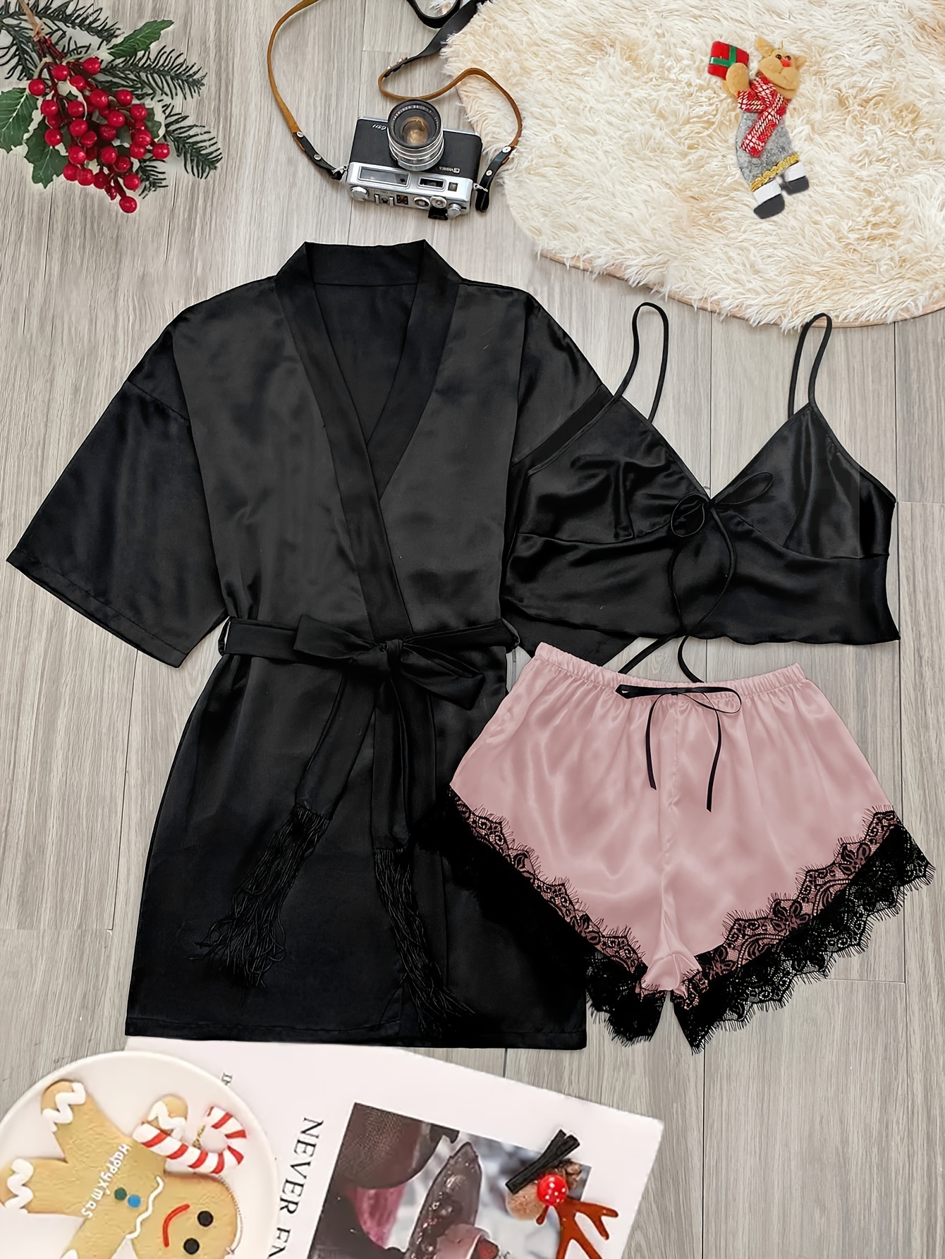 Women's Black Lace Satin Sleepwear Cami Top and Shorts Pajamas Set