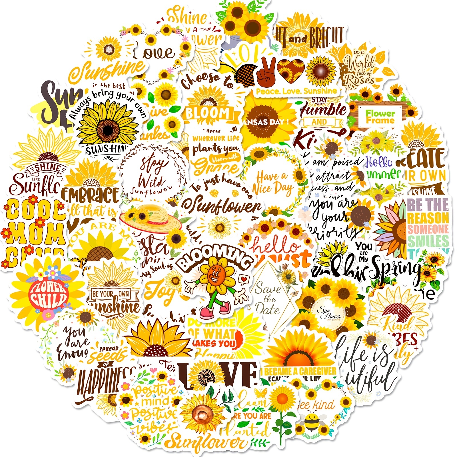 50pcs Sunflower & English Letter Stickers, Small Fresh Style