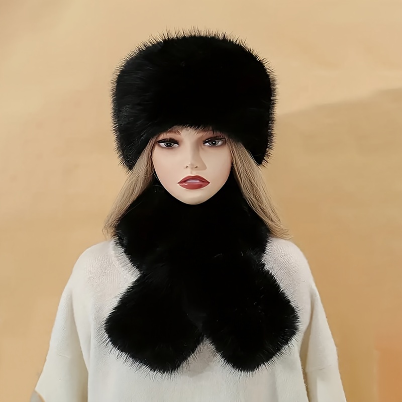 Faux Fur Scarf Plush Hat Set Thick Solid Color Collar Scarf - Temu