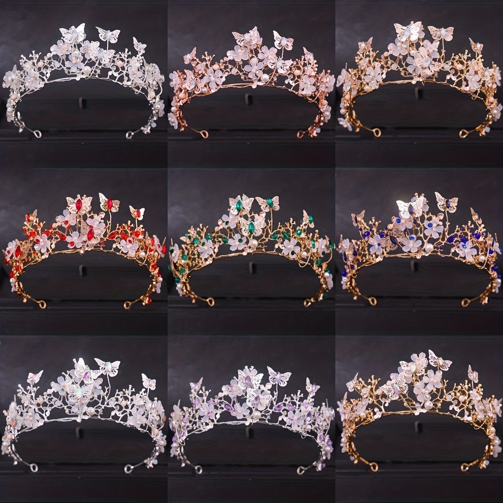 

Handmade Bridal Pearl Rhinestone Crown, Tiara Butterfly Floral Crown, Wedding Gift, Floral Design Handmade Crown Hair Accessories