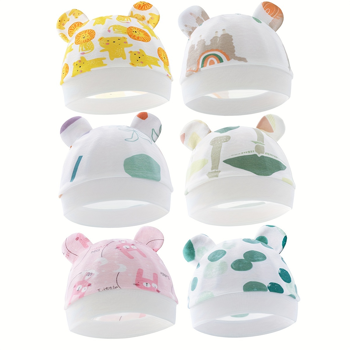 

6pcs Newborn Cotton Hats With Animal Cartoon For 0-6 Months Baby Boys And Baby Girls