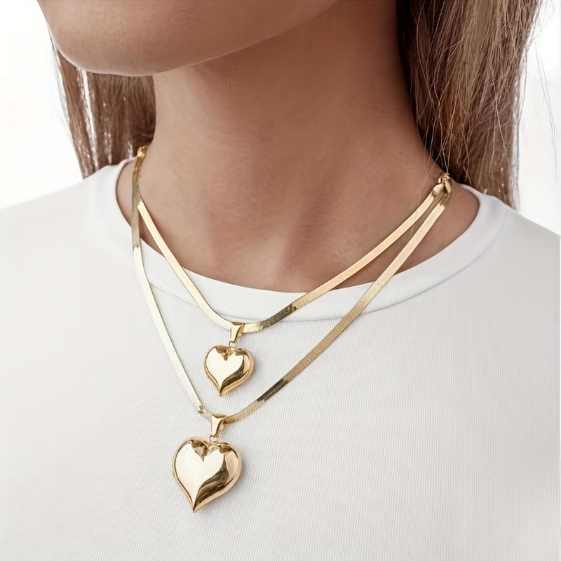

2 Pieces/ Set Golden Glossy Heart Design Pendant Necklace Bohemian Simple Style Alloy Jewelry Valentine's Day Gift For Lovers