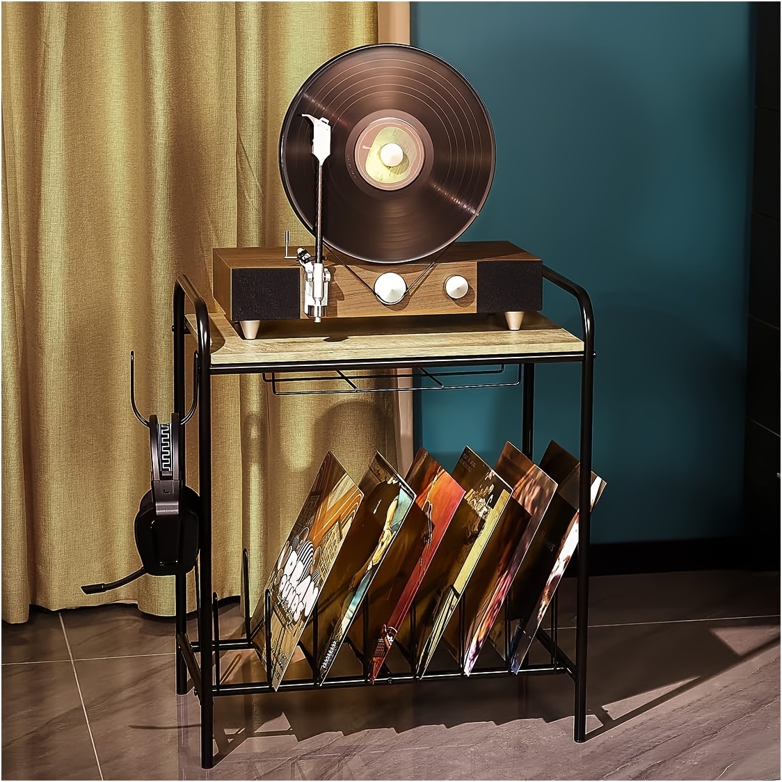Soporte para tocadiscos vintage con luz LED y toma de corriente, mesa -  VIRTUAL MUEBLES