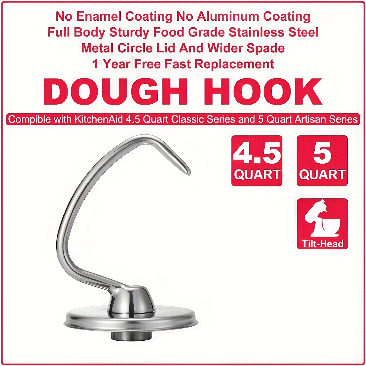 Polished Stainless Steel Dough Hook for Kitchenaid Stand Mixer, Fits  4.5-5Qt Tilt-Head Stand Mixer for Kitchenaid Dough Hook, Replacement for