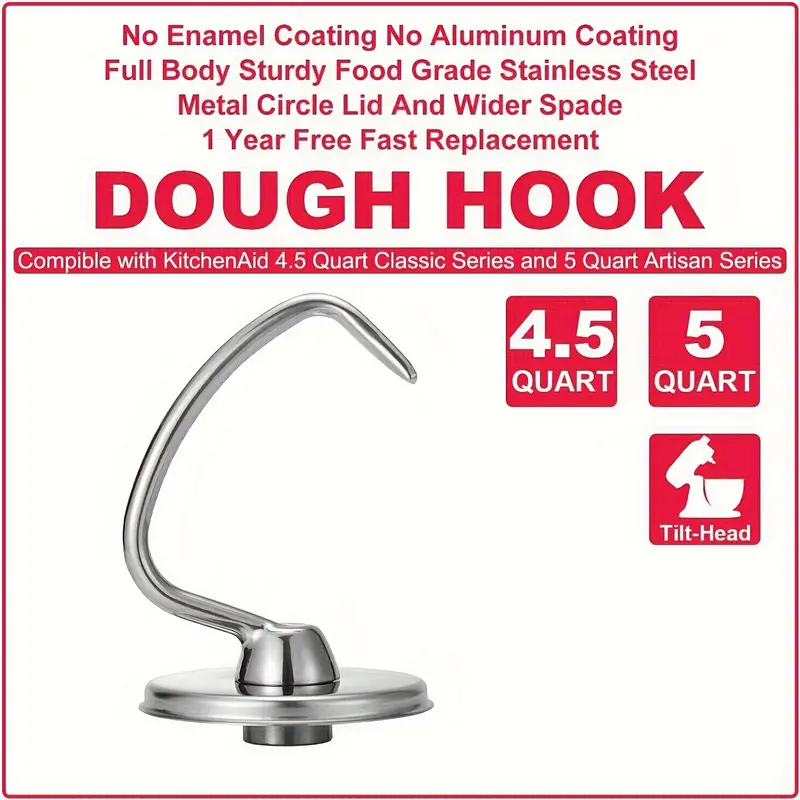 Stainless Steel Dough Hook Suitable For Kitchenaid 4.5/5 Quart Tilt Head  Vertical Mixer, Suitable For Classic, Classic Plus And Artisan Series  K45ss, Ksm75, Ksm90, Ksm95, Ksm150, Heavy-duty Dishwasher - Temu