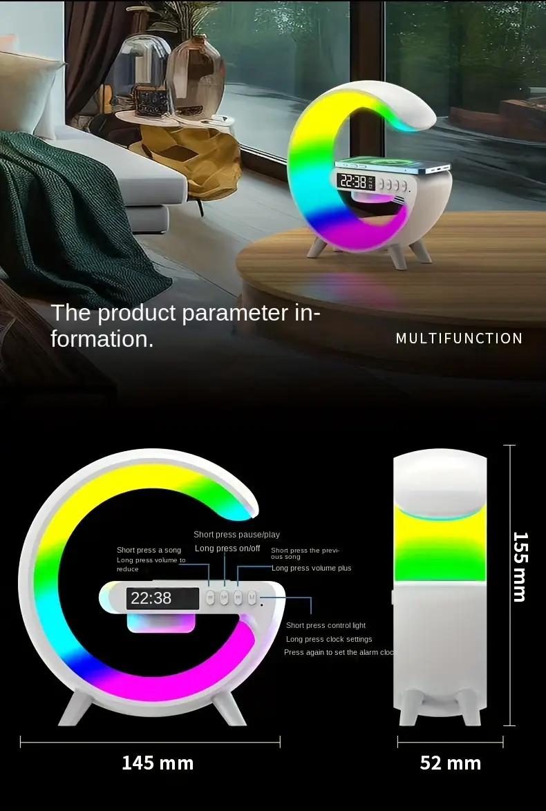 small g speaker desk lamp colorful led light with sound function and wireless charging function tf card playback aux interface listen to songs details 7