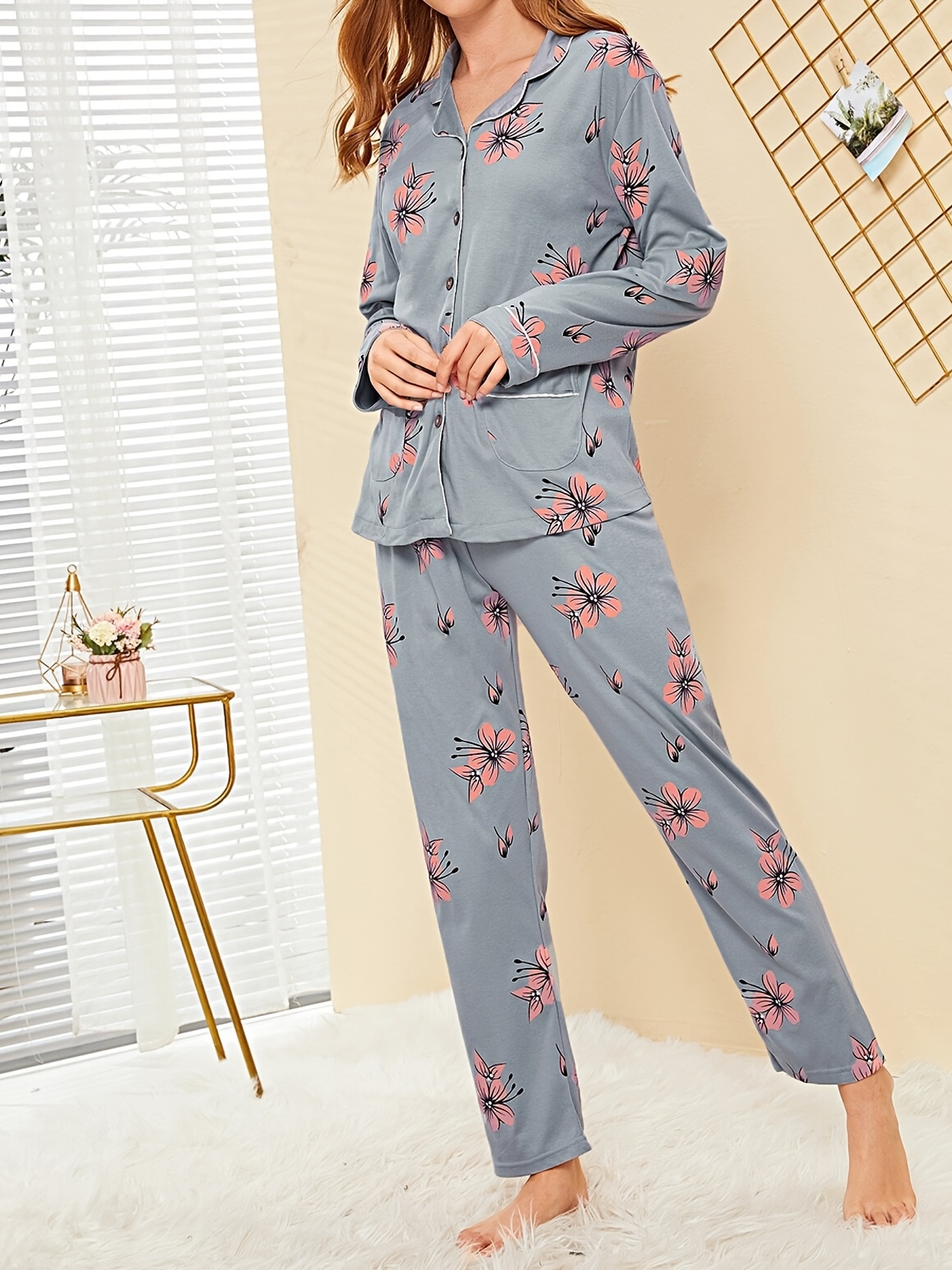 Elegant Floral Print Pajama Set, Long Sleeve Blouse Top & Elastic Waistband  Pants, Women's Sleepwear & Loungewear - Temu