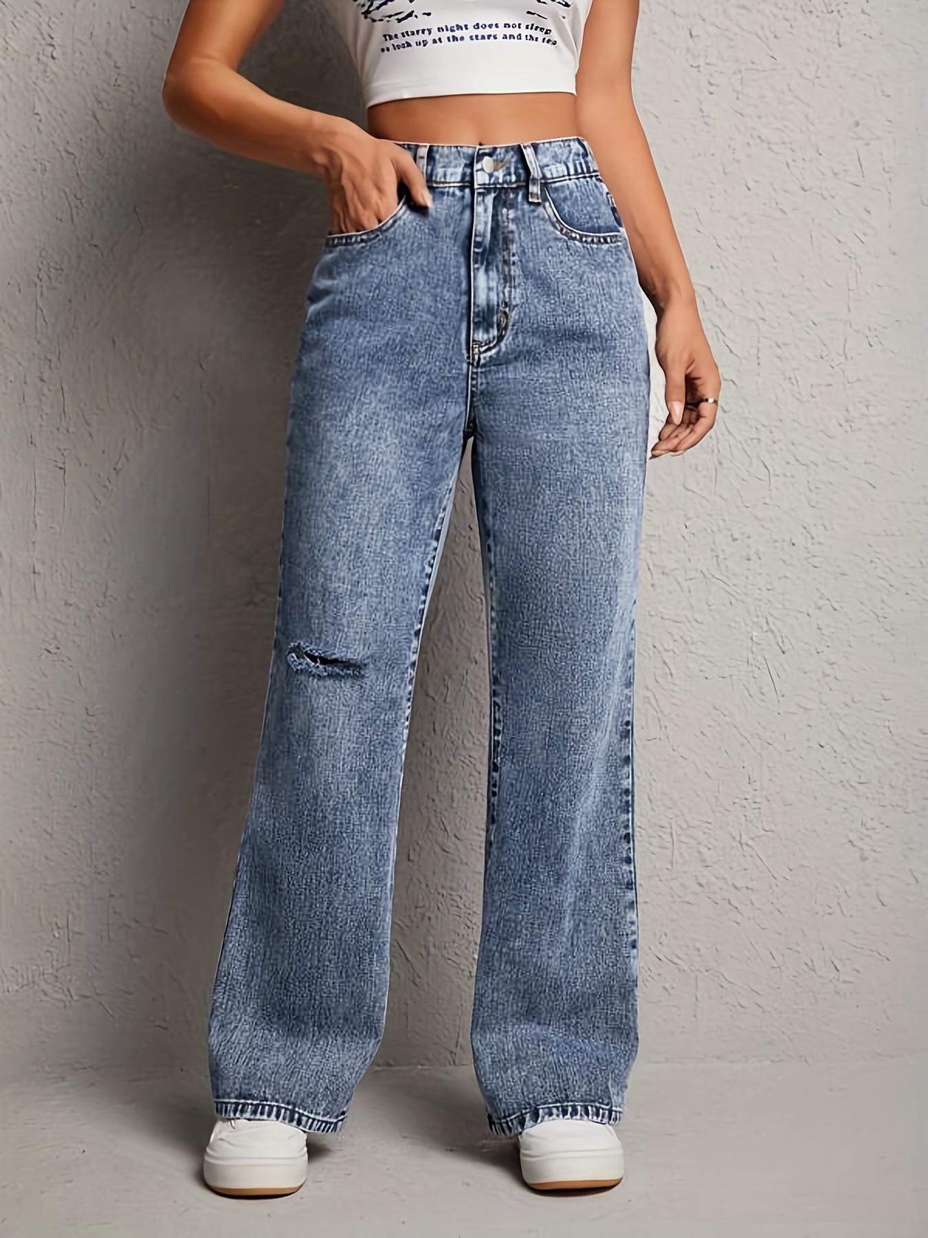 High Waist Fashion Straight Jeans, Loose Fit Slant Pockets Washed Denim  Pants, Women's Denim Jeans & Clothing