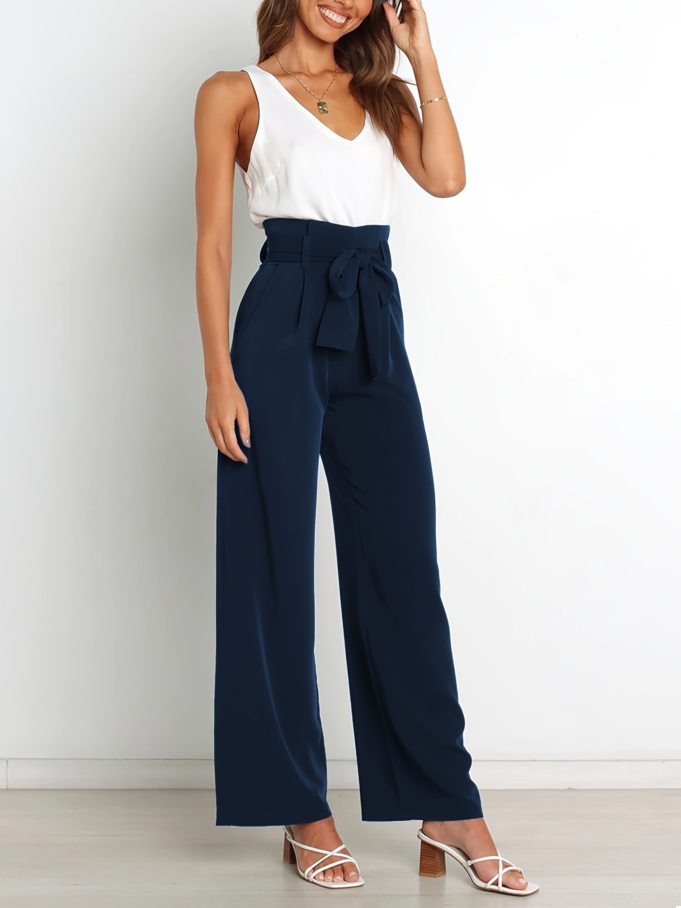 Women Casual Solid Pants Wide Leg High Elastic Waist Palazzo Trousers with  Pocket Womens Pants Suite Casual Work, Blue, Small : : Clothing,  Shoes & Accessories
