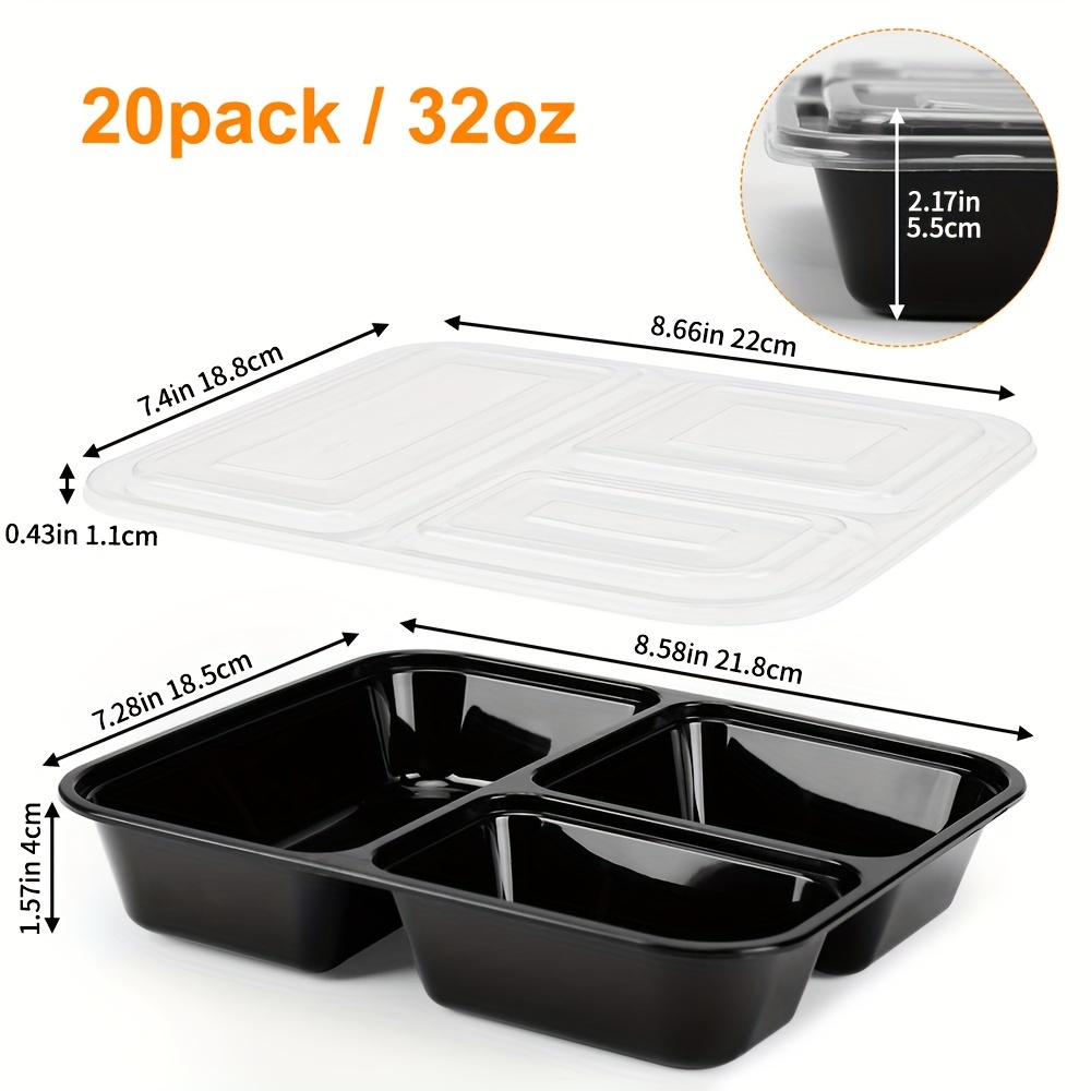 Ez Prepa [20 Pack] 32oz 3 Compartment Meal Prep Containers with Lids -  Bento Box - Plastic - Stackable, Reusable, Microwaveable & Dishwasher Safe