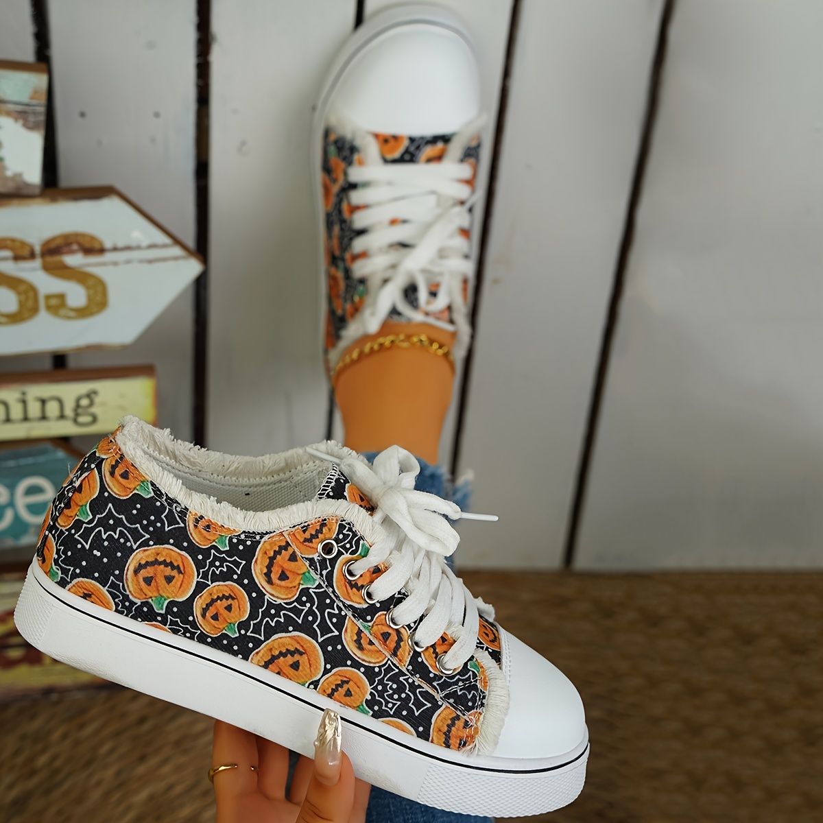 Oversized Halloween Canvas Shoes Women's Pumpkin Print Ghost Flat