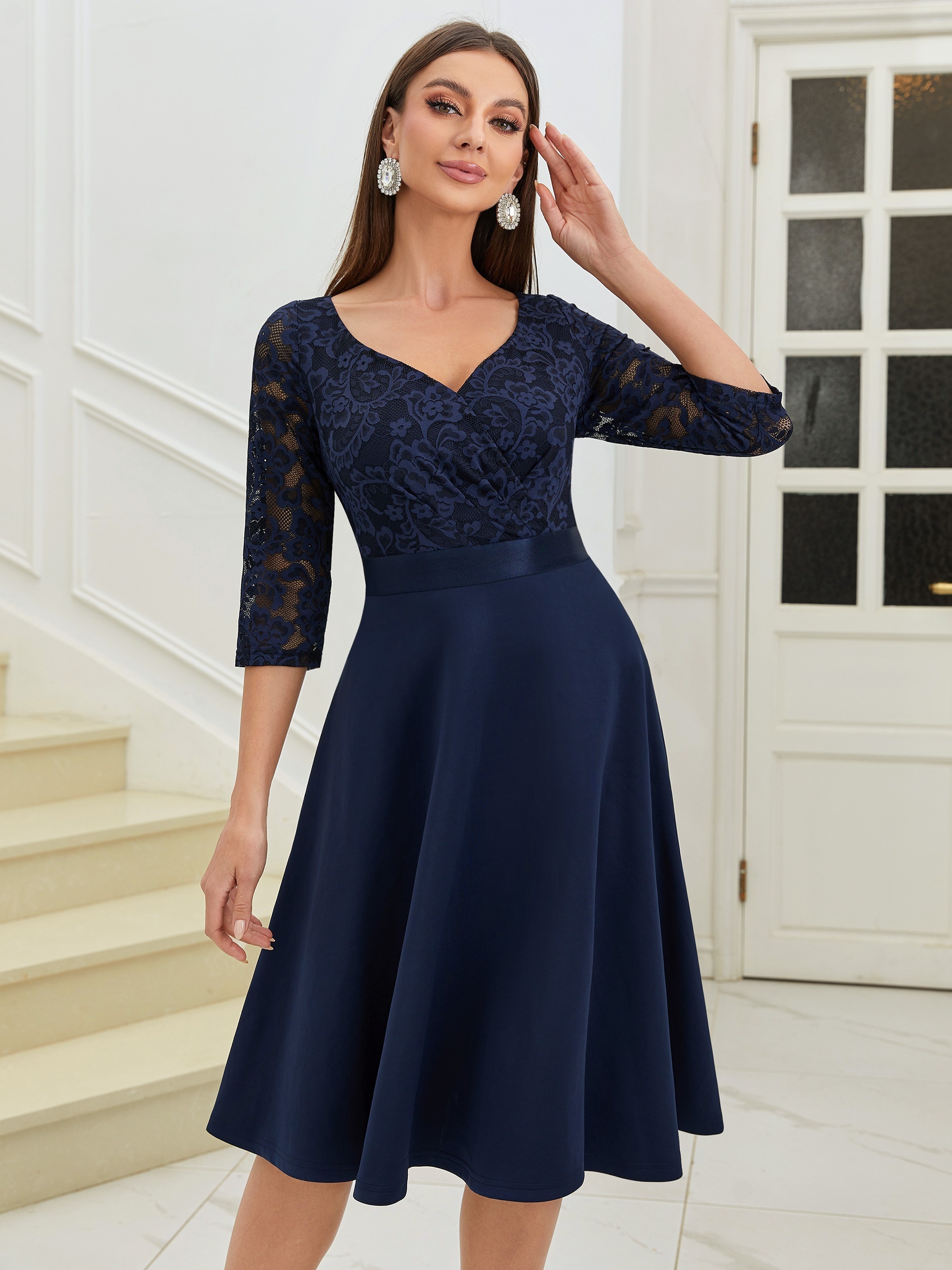 Navy blue three quarter best sale sleeve dresses