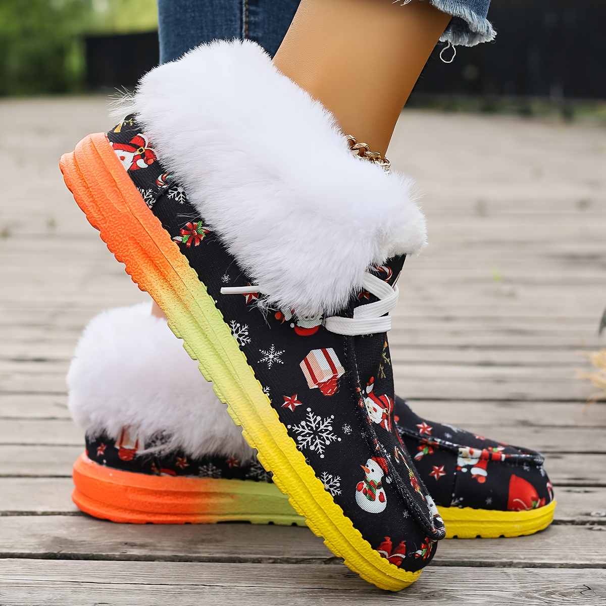 Women's Christmas Print Canvas Shoes Casual Lace Plush Lined - Temu