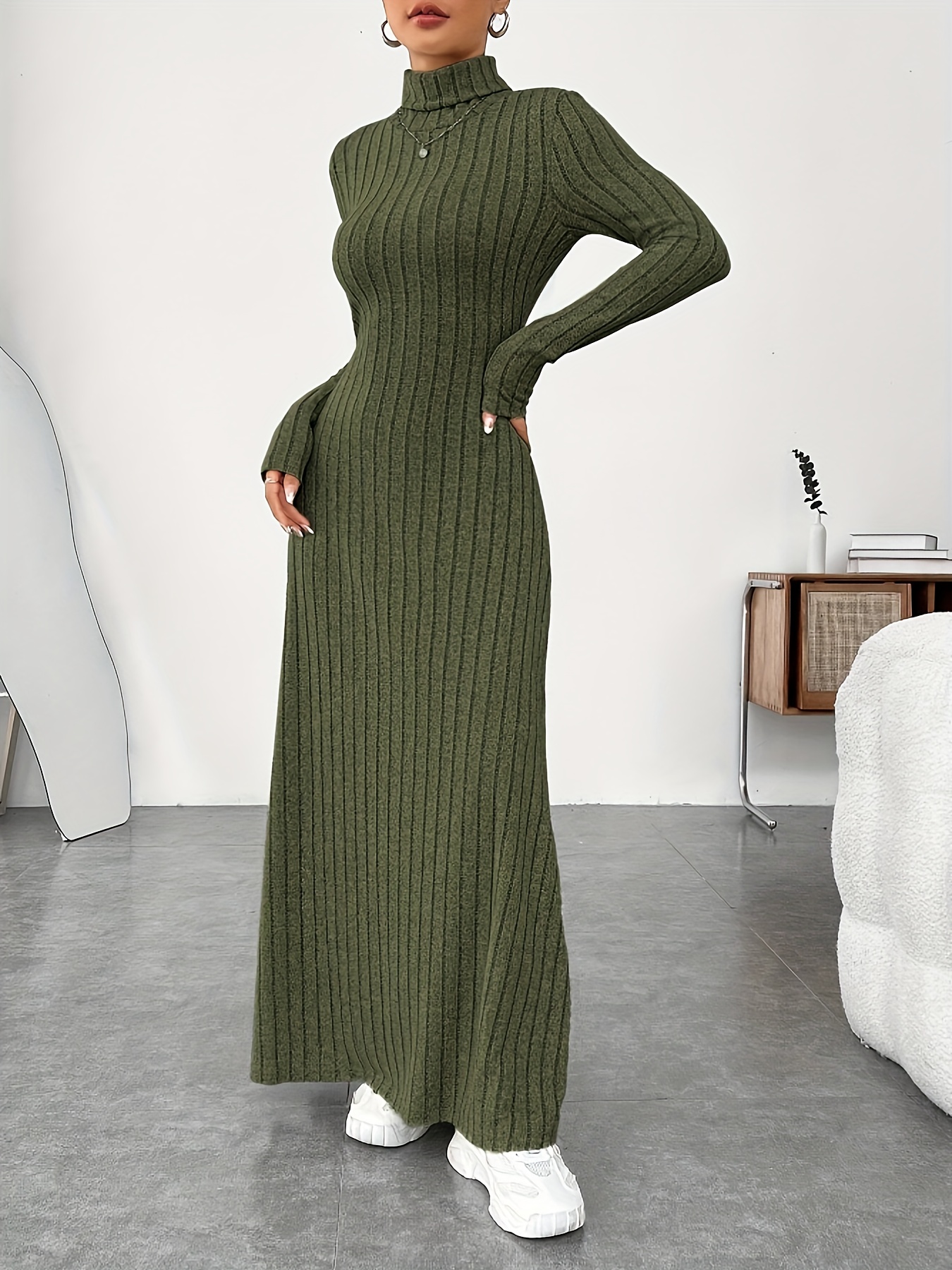 Long-Sleeve Round Neck Plain Crochet Knit Crop Top / Spaghetti Strap Plain  Maxi A-Line Dress