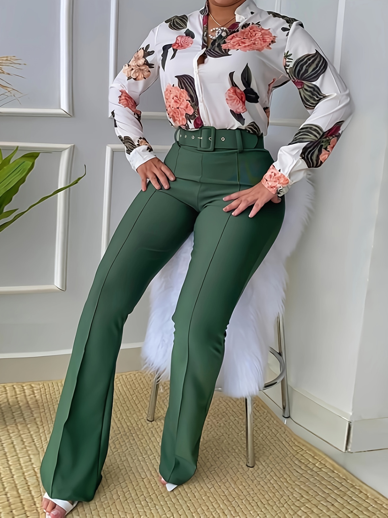 Casual Slim Two-piece Set, Floral Print Button Shirt & Solid Pintuck Pants  Outfits, Women's Clothing