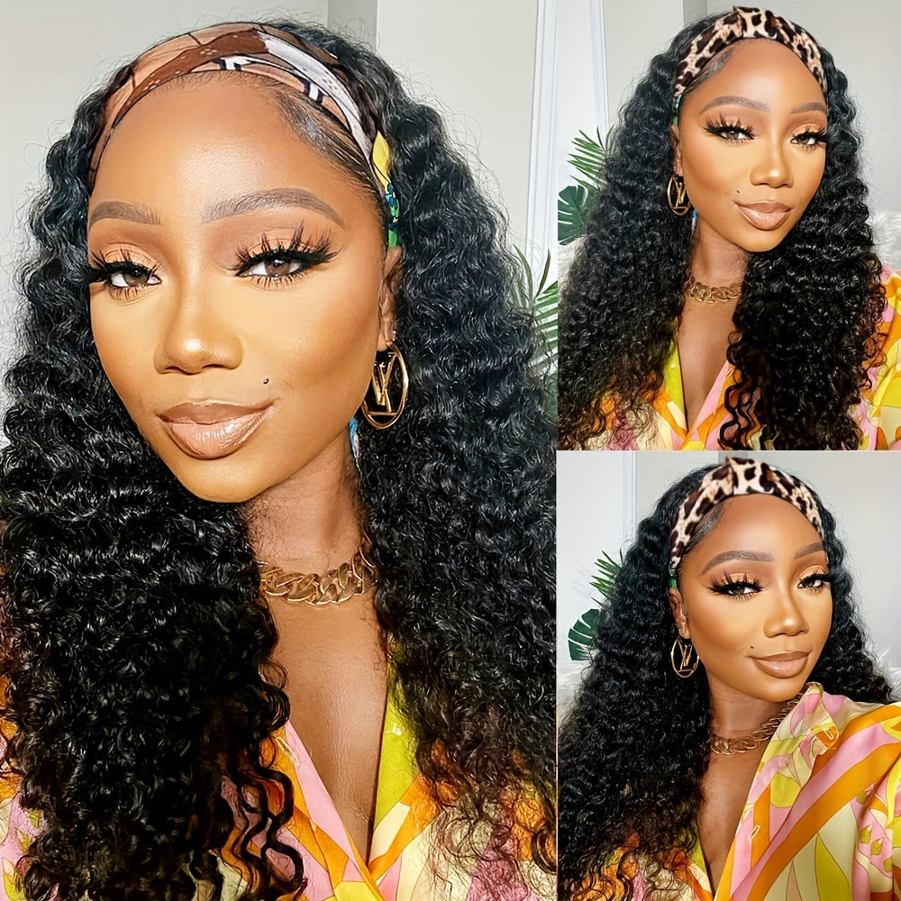 Headband Wig Human Hair Deep Wave None Lace Front Wig Human Temu