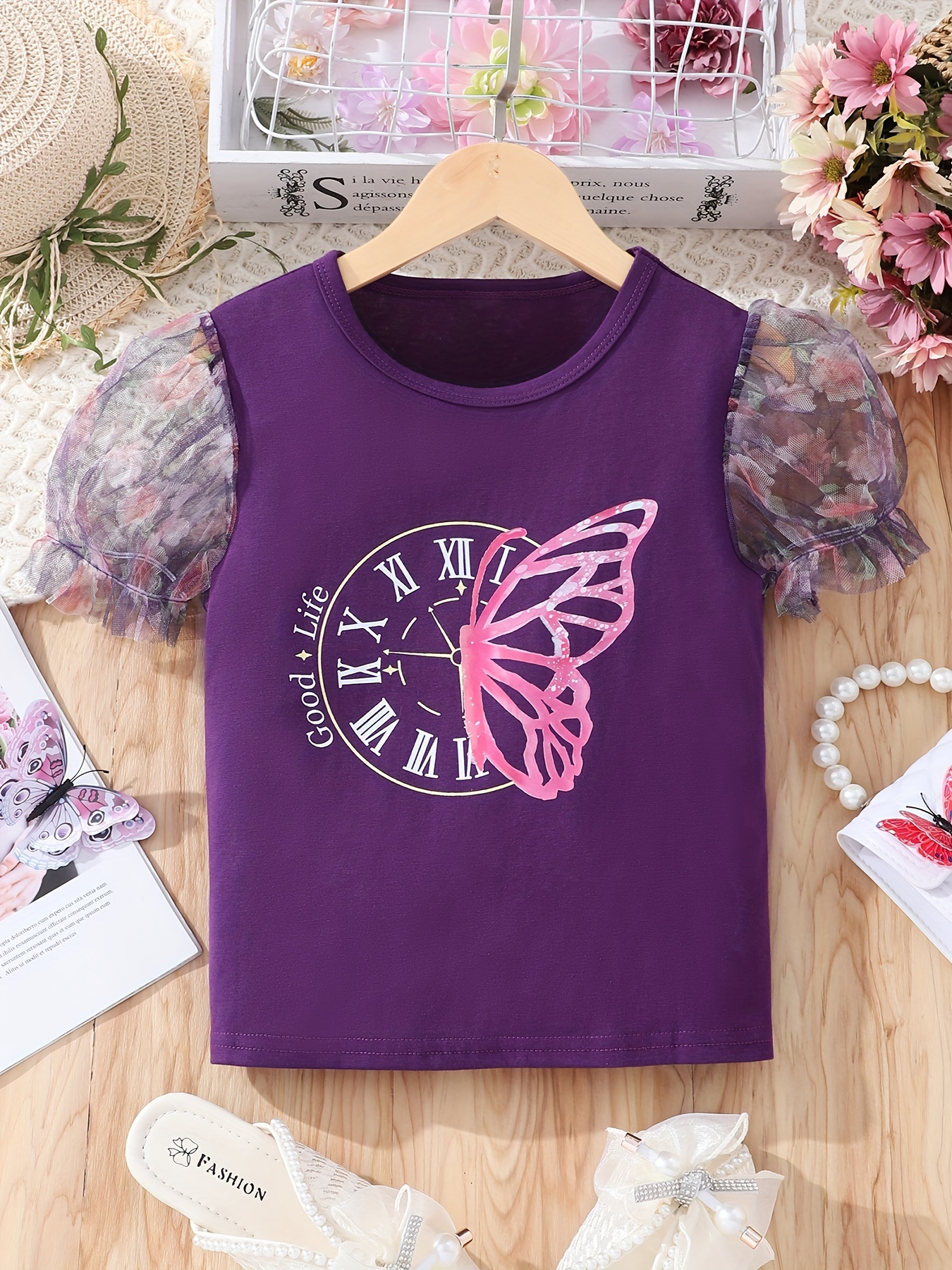 Toddler Girls Flowers Butterfly Graphic T shirts Casual - Temu