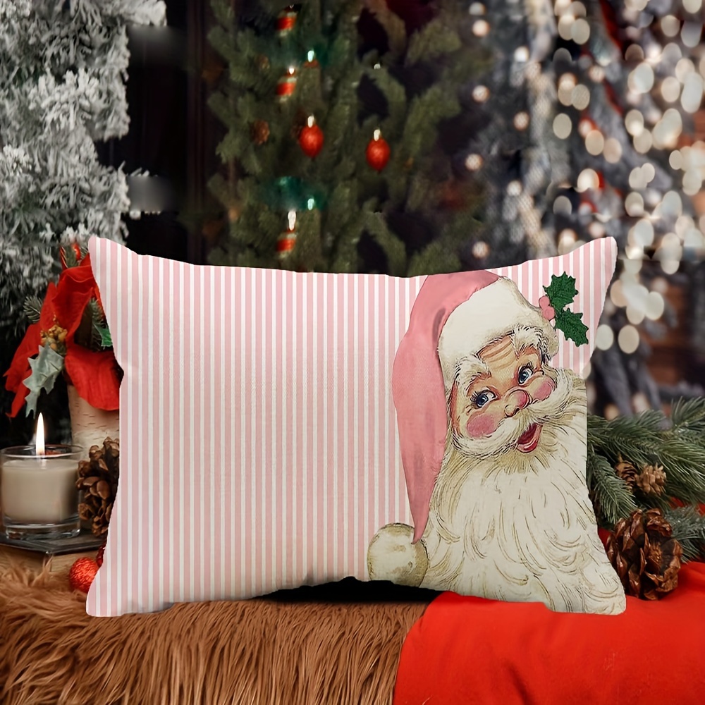 2023 New Pink Christmas Pillow Covers Pink Linen Santa Claus Pillow Cover  Cute Christmas Cartoon Printed Pillow Covers